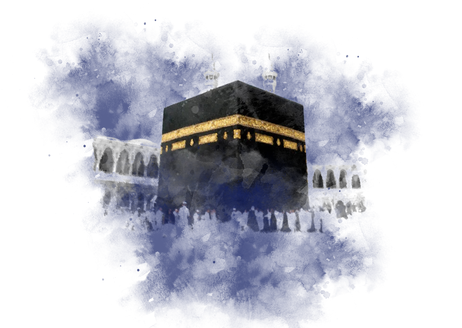 Bild der Kaaba, ein würfelförmiges Gebäude im Zentrum der Heiligen Moschee in Mekka, welches von gläubigen Muslimen während des Tawaf-Rituals umrundet wird.