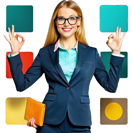 Geschäftsfrau in einem blauen Blazer mit Aktenmappe, umgeben von bunten Icons – verdeutlicht die Wichtigkeit einheitlicher Firmeneinträge in Online-Verzeichnissen.