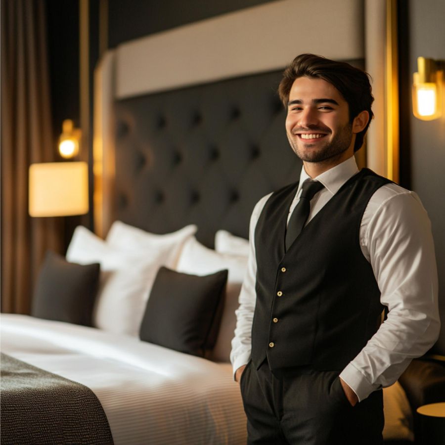 Ein eleganter Hotelangestellter begrüßt Gäste in einer stilvollen Lobby.