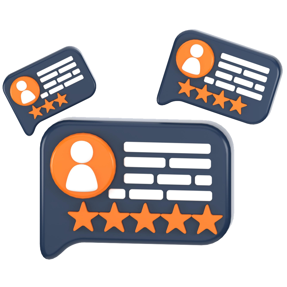 3D-Illustration mehrerer Kundenbewertungen mit Sternebewertung – hebt die Bedeutung von positiven Rezensionen für den Unternehmenserfolg hervor.