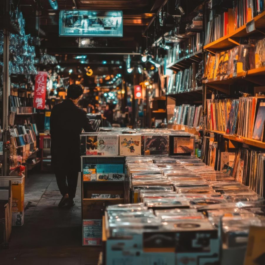 Ein Musikgeschäft mit einer großen Auswahl an Vinyl-Schallplatten und CDs, während Kunden nach neuen Lieblingsstücken stöbern.