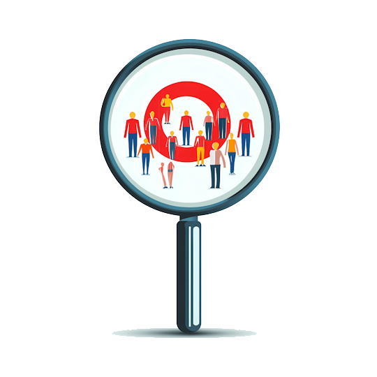 Illustration einer Lupe, die eine Gruppe von Menschen mit einem roten Zielsymbol fokussiert – symbolisiert die lokale Auffindbarkeit von Unternehmen.