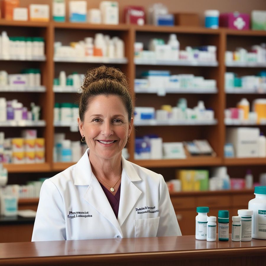 Eine freundliche Apothekerin berät Kunden in ihrer modernen Apotheke.