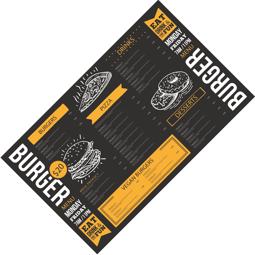 Stilvolle und robuste Speisekarte für Restaurants mit ansprechendem Layout für ein optimales Kundenerlebnis.