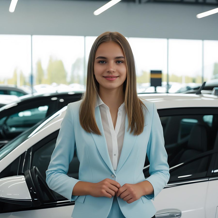 Eine professionelle Verkäuferin in einem Autohaus mit moderner Ausstattung.