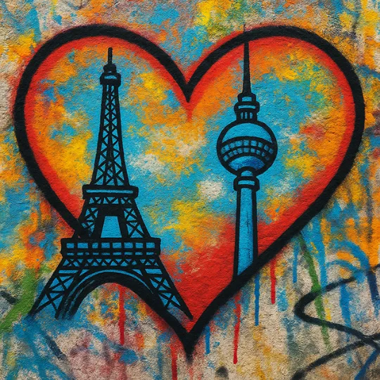 Der Eifelturm und der Fernsehturm sind als Grafitti auf eine Wand gesprüht. Ein buntes Herz rahmt die beiden Wahrzeichen ein.