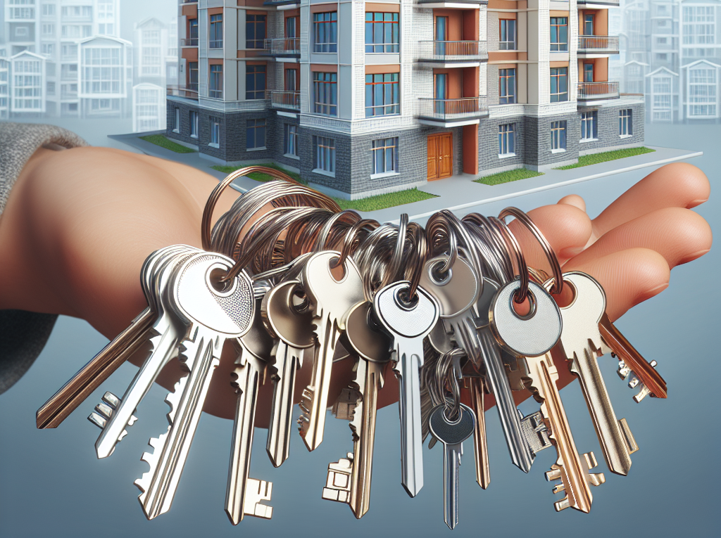 Eine Hand mit vielen Schlüsseln und im Hintergrund ein Gebäude