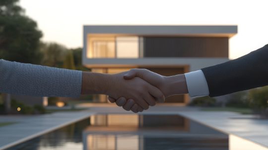 Zwei Menschen die sich die Hände geben vor einem Gebäude