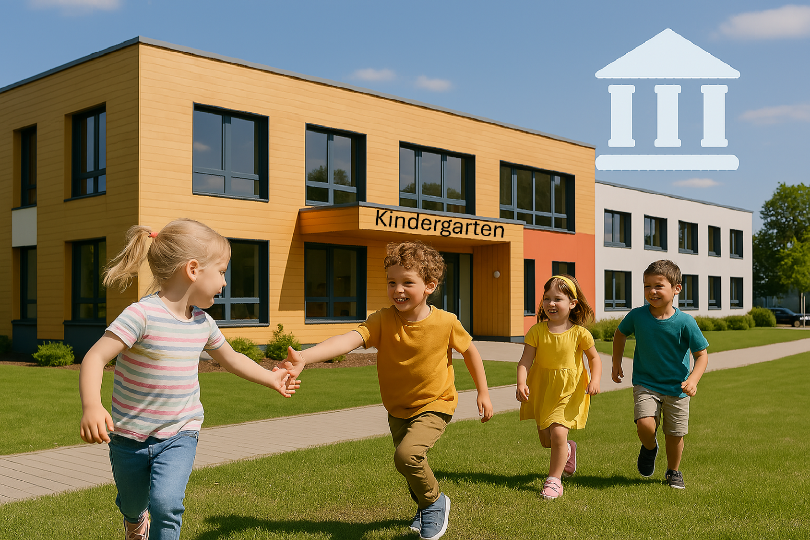 ein Kindergarten mit vielen Kindern davor