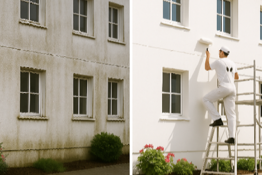 "Feuchtigkeitsschäden an einer Hausfassade – typische Anzeichen wie Algen, Schimmel und abblätternder Putz verdeutlichen kranke Gebäude
