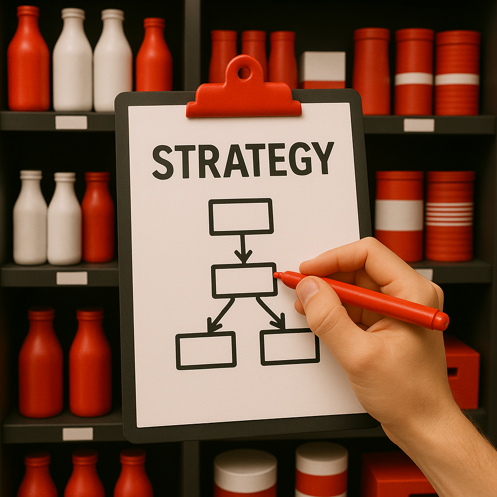 Vertriebsstrategie auf Klemmbrett vor Regal mit Produktverpackungen – Planung für Markenplatzierung im Lebensmitteleinzelhandel