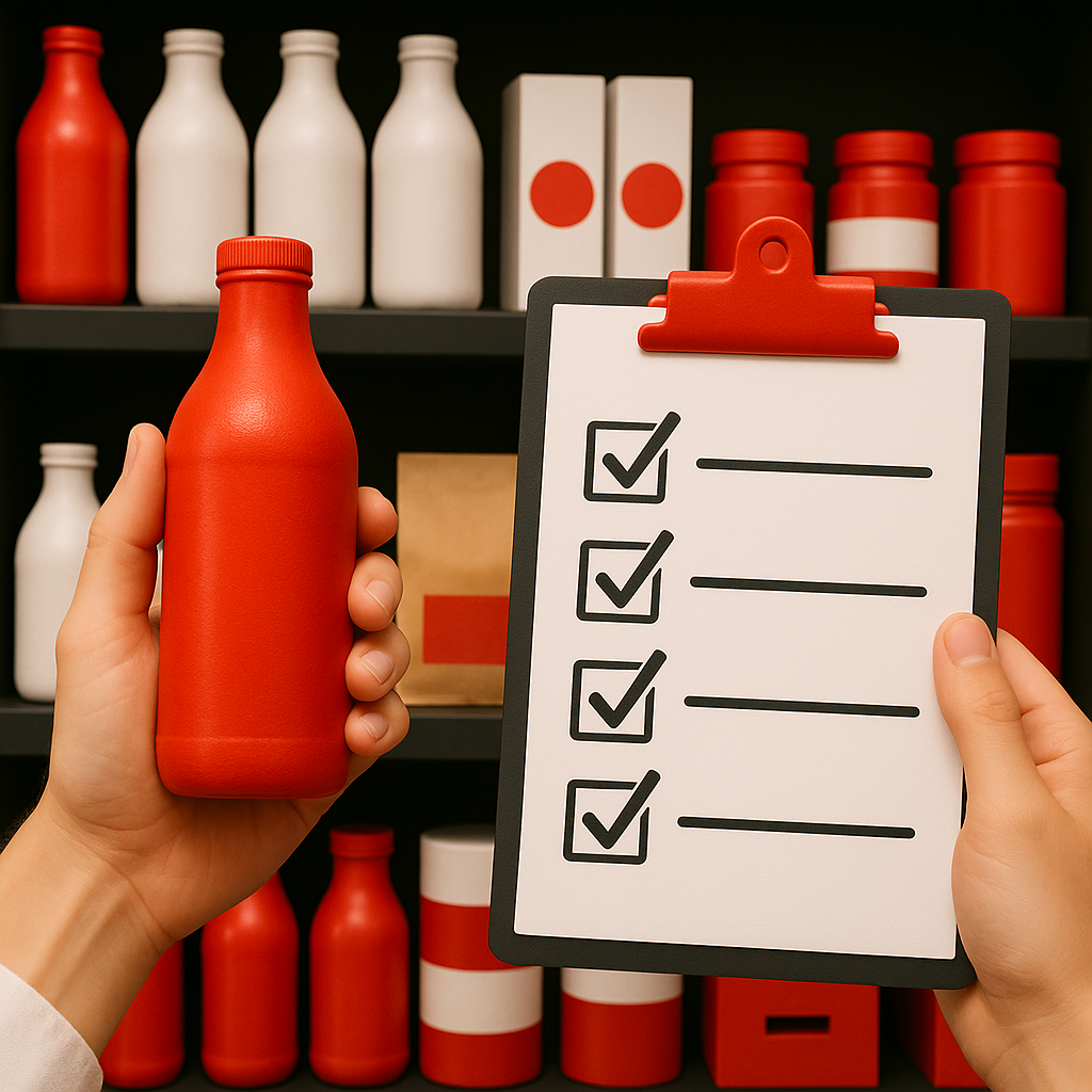 Checkliste zur Produkt-Compliance neben roter Getränkeflasche vor Regal – administrative Services für die FMCG-Branche