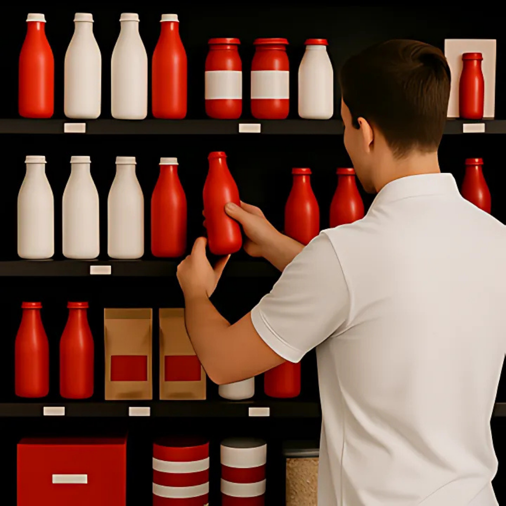 Mitarbeiter ordnet Produktverpackungen im Regal – effektives POS-Management für optimale Warenpräsentation im Einzelhandel