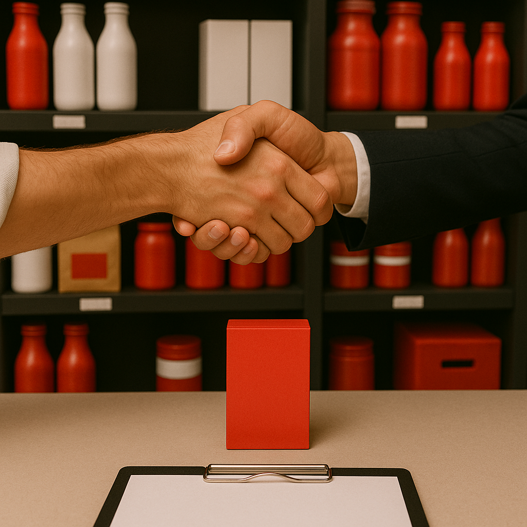 Handschlag vor Regal mit Produktverpackungen – erfolgreiches Key Account Management im Lebensmittelhandel