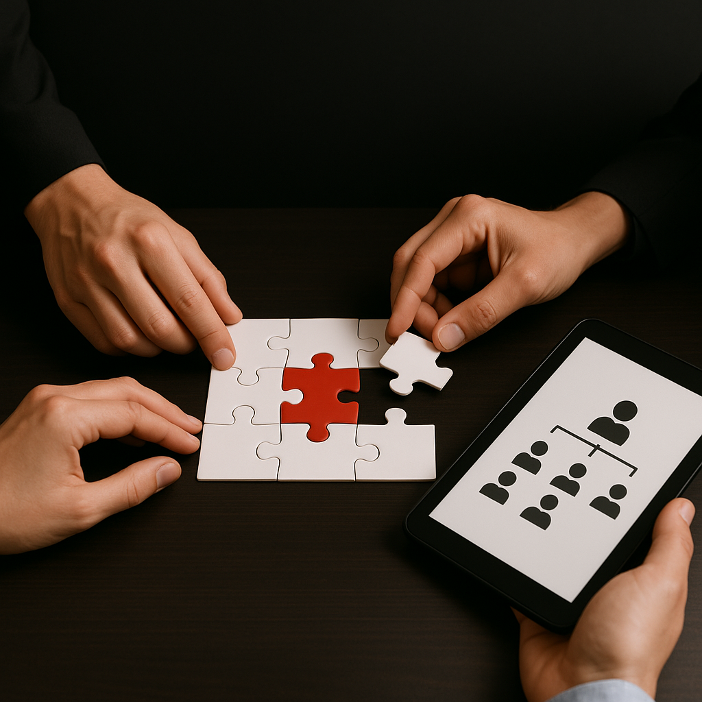 Teamarbeit mit Puzzle und Tablet – Analyse von Teamstrukturen und individuellen Stärken für passgenaue Personalentwicklung
