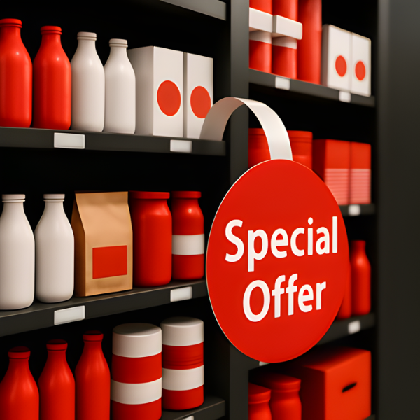 POS-Marketing im Lebensmitteleinzelhandel: Regal mit auffälligem Special-Offer-Wobbler zur Verkaufsförderung durch Zweit- und Aktionsplatzierung