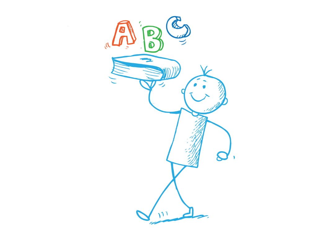 Zeichnung eines Schülers, der sein Schulbuch als Tablet mit ABC benutzt