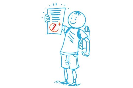 Zeichnung eines glücklichen Lernforum-Schülers mit seinem Schulzeugnis und der Note 2+