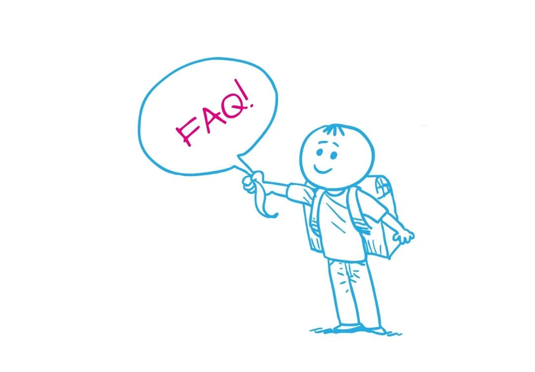 Zeichnung eines Schülers mit einem Luftballon in der Hand auf dem steht "FAQ"