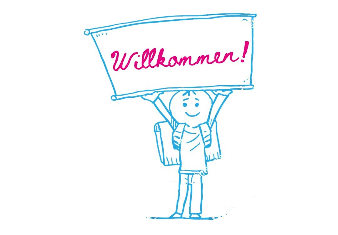 Zeichnung eines Schülers mit Schulranzen, der Eltern und Kinder mit einem Schild an den Standorten Willkommen heißt
