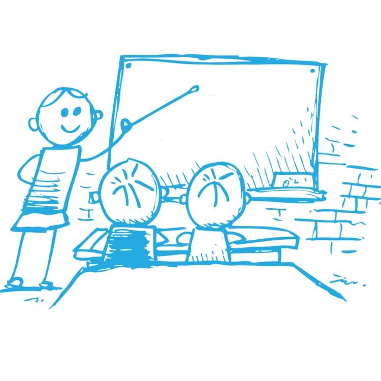 Zeichnung einer Schulsituation mit einer Lehrerin und zwei Schülern vor einer Tafel