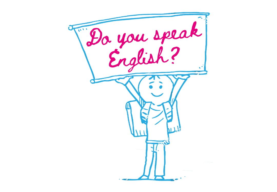 Zeichnung eines Schülers mit einem Schild, auf dem "Do you speak English?" steht