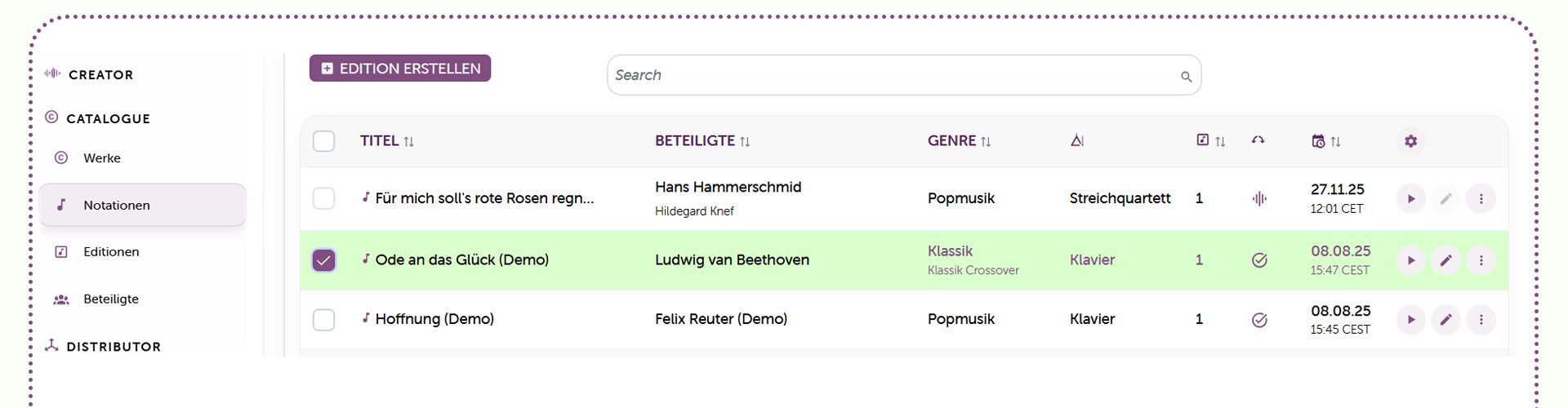 Notationen-Tabelle im Soundnotation Catalogue – Übersicht von Notensätzen mit Instrumentierung, Beteiligten und Dateien in PDF, Audio und MusicXML