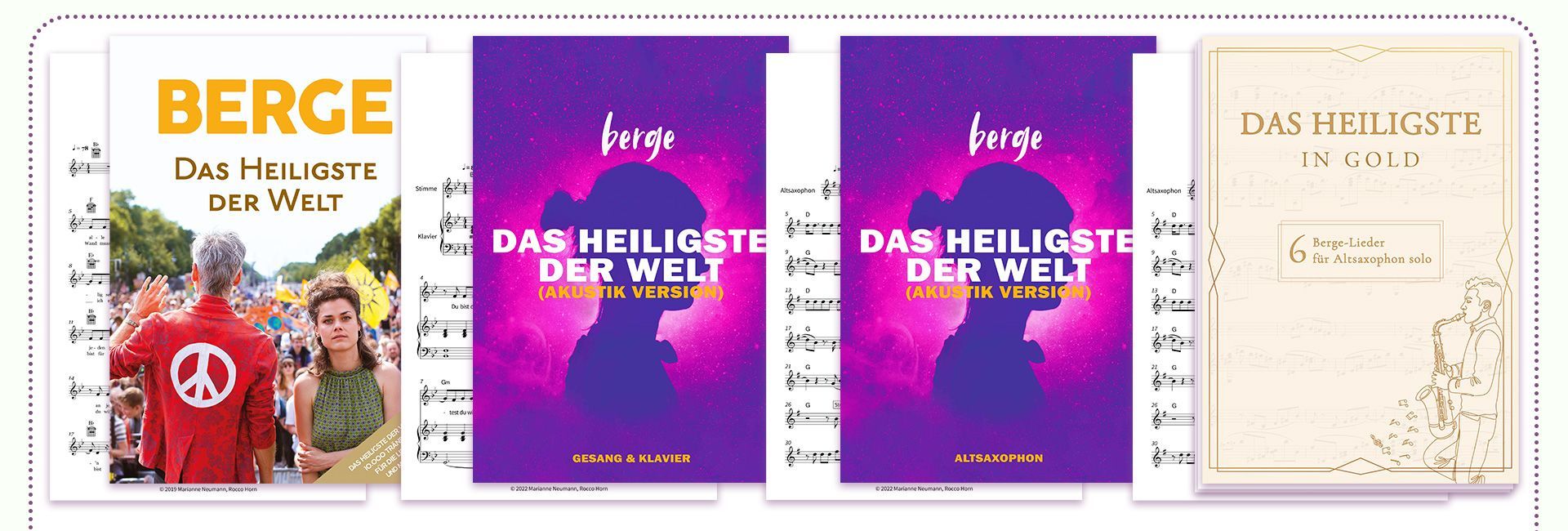 Verschiedene Notenausgaben des Werks „Das Heiligste der Welt“ von berge im Soundnotation Catalogue: Leadsheet, Gesang & Klavier, Altsaxophon-Edition und Sammelalbum mit 6 Solo-Liedern