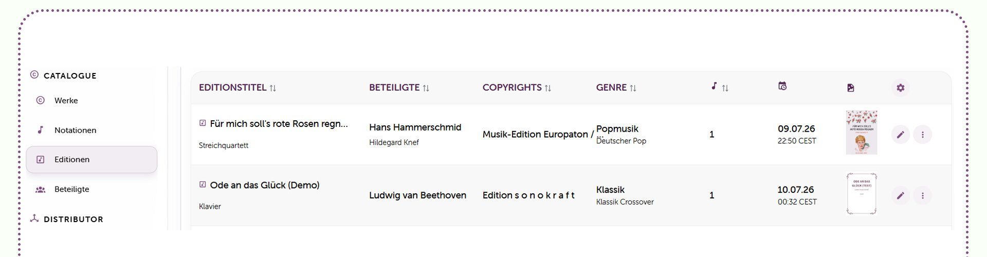 Editionen-Tabelle im Soundnotation Catalogue – veröffentlichungsfertige Notenausgaben mit Inhaltsverzeichnis, Cover, Impressum und Marketing-Metadaten