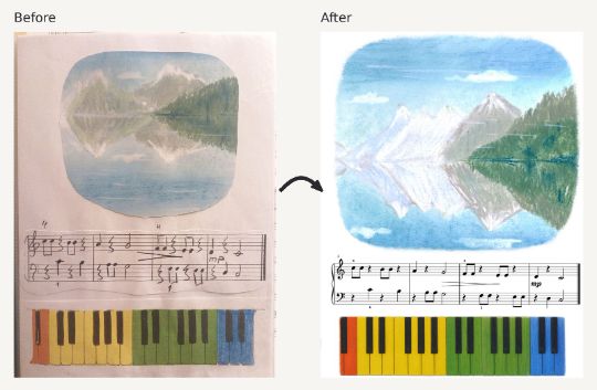 Klavierschule mit Laska: handwritten original on the left, finished page on the right, with notation, a mountain picture, and a piano keyboard.
