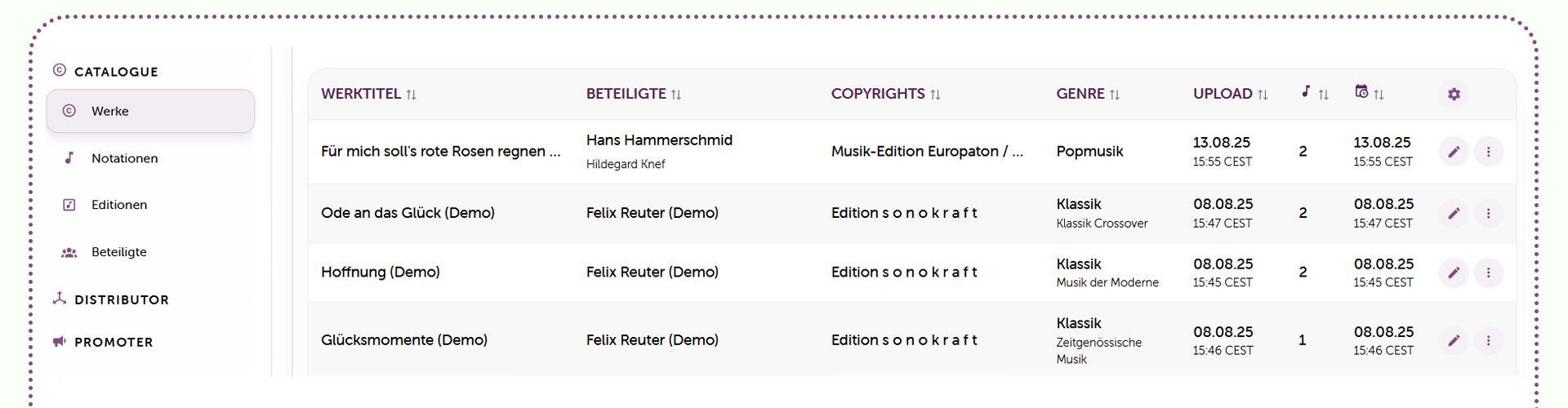 Werke-Tabelle im Soundnotation Catalogue – Notenverwaltung von urheberrechtlich geschützten Musikwerken mit Titel, Komponist, Copyrights, Genre und rechtlichen Einstellungen